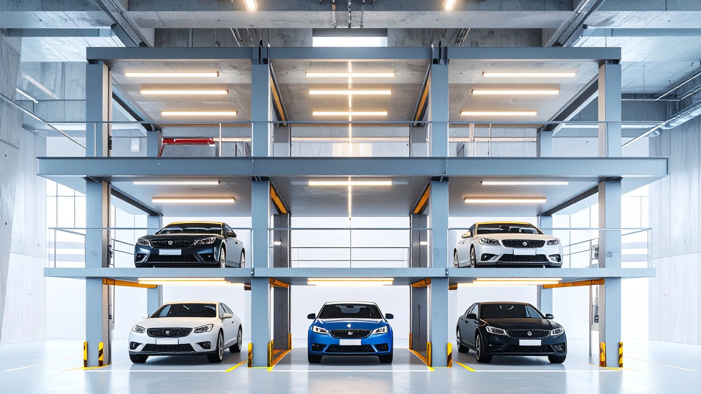 Firefly_-A high-reHydraulic Parking Systemssolution, realistic front view of a modern indoor hydraulic multi-level car 36900