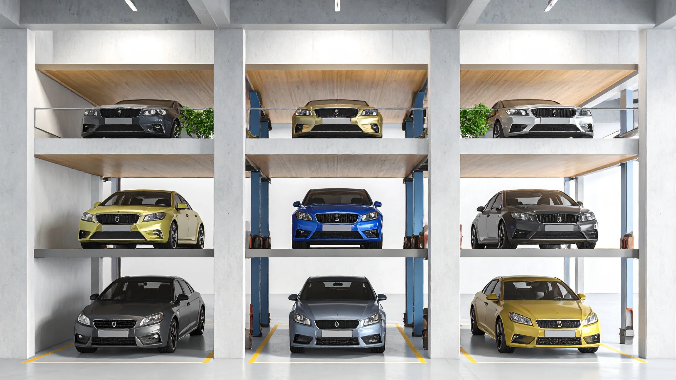 Firefly_-A Hydraulic Parking SystemsHydraulic Parking Systemshigh-resolution, realistic front view of a modern indoor hydraulic multi-level car 666120