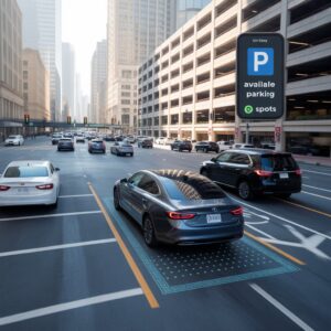 Smart city traffic scene with cars driving through an urban street, digital sign showing available parking spots, and connected vehicles navigating efficiently.