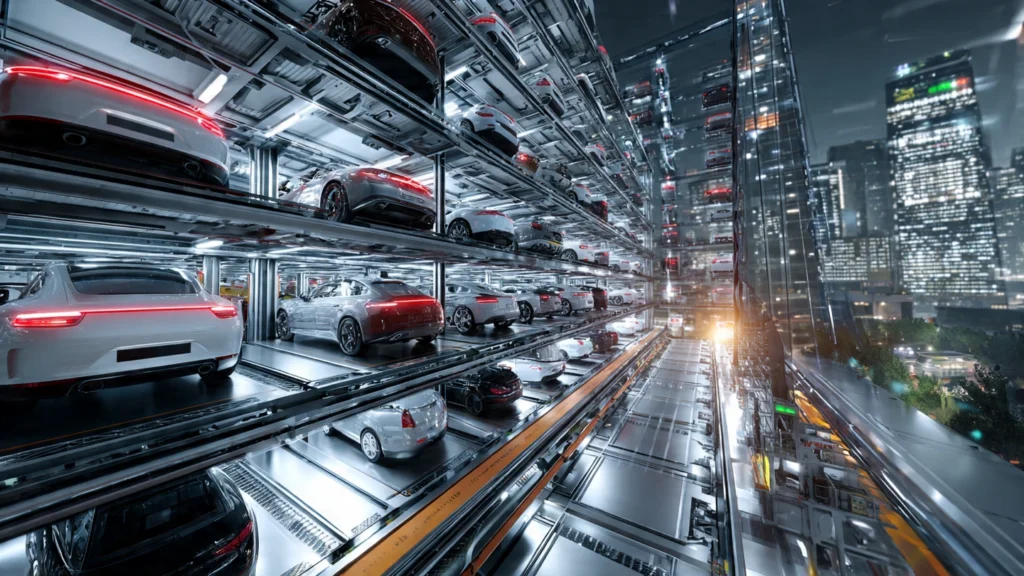 High-tech automated car parking system in an Indian city with multi-level mechanical lifts stacking cars, sleek metallic structures, LED indicators, and smart control panels, viewed from a bird’s-eye perspective.
