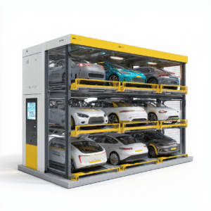 Modern Puzzle car parking system with multiple levels for efficient space-saving vehicle storage.