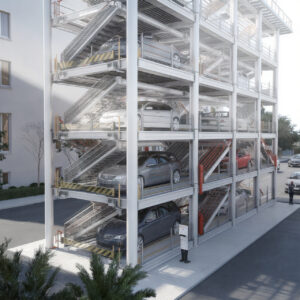 High-rise stack car parking tower with stacked vehicle platforms for efficient urban parking.