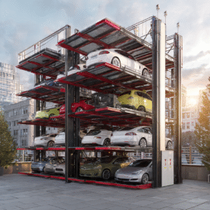 High-rise automated car parking tower with stacked vehicle platforms for efficient urban parking
