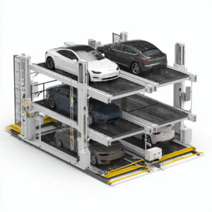 Modern multi-level car parking system with several electric vehicles, including Teslas, efficiently stacked on three tiers in a high-tech structure.