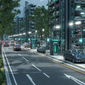 Modern smart parking street with automated vertical car storage towers, vehicles entering and exiting efficiently, and illuminated digital parking systems reducing congestion.