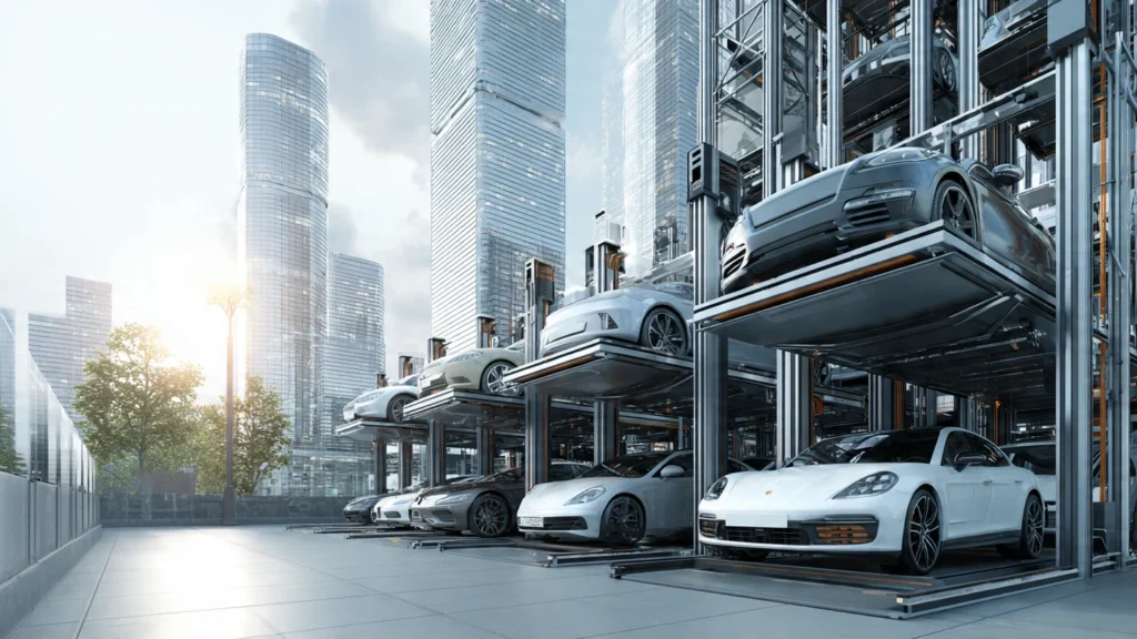 “Futuristic smart parking system in a modern urban real estate development with vertical car lifts and high-rise buildings