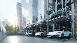 “Futuristic smart parking system in a modern urban real estate development with vertical car lifts and high-rise buildings