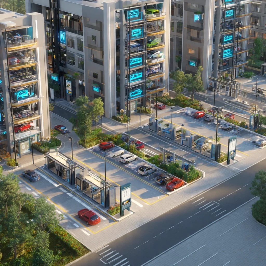 Futuristic smart parking system in a modern city with automated vertical car lifts, digital parking displays, and organized parking zones reducing traffic congestion.